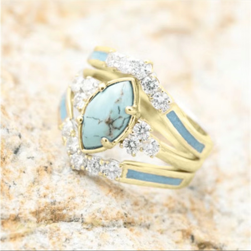 New Women’s Yellow Gold Plated 3pcs/set Multilayer Turquoise Ring - Picture 3 of 6